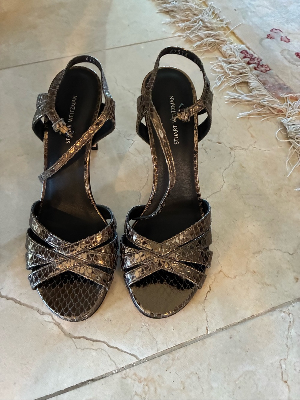 Stuart Weitzman Snake-Embossed Metallic Pewter Slingback Heels in size 8.5 M